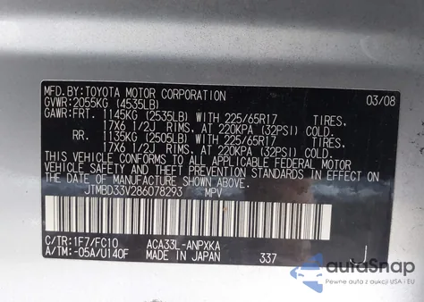 2008 Toyota Rav4 из США, поврежденный, VIN JTMBD33V286078293